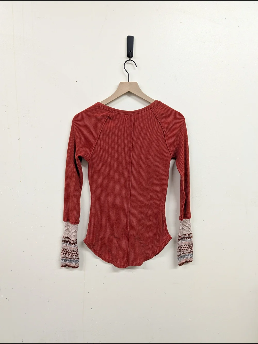 Free People Rust Henley Waffle Knit Long-Sleeve Top‎ with Patterned Cuffs